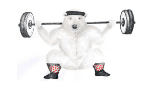 Eisbär macht im Fitnessstudio Kniebeugen mit Gewicht um seine Muskeln für das Radfahren zu trainieren