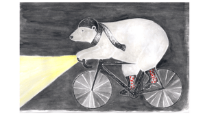Eisbär auf Fahrrad, Rennrad im Winter, Mütze und Schal gegen die Kälte, Licht gegen die Dunkelheit