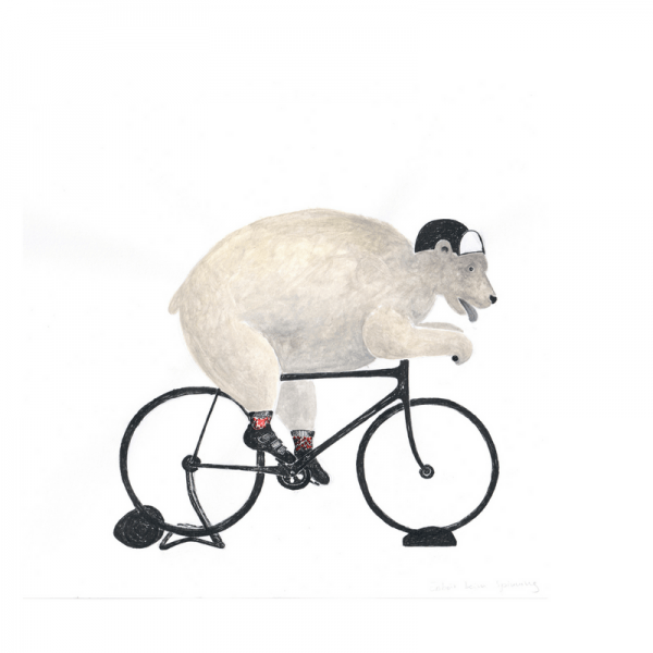 Eisbär auf Fahrrad-Rennrad-Hometrainer